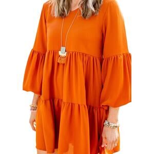 Vibrant, orange tiered, mini puff sleeves, baby doll, ruffle skirt, size Small